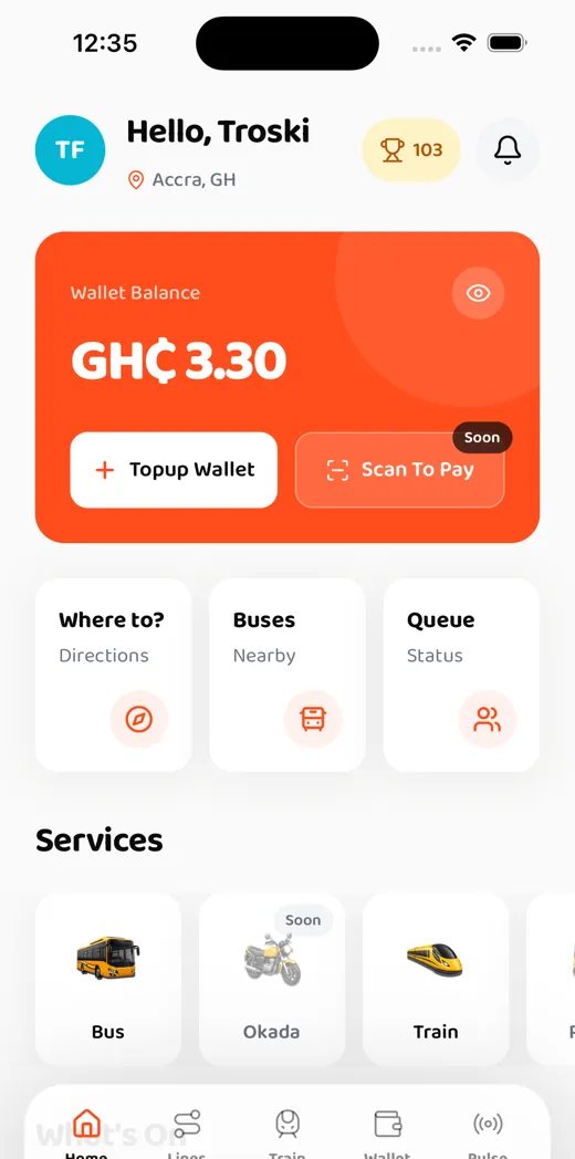 Troski app: Home with queue status
